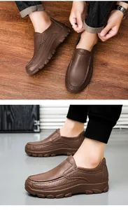 Detail of dark brown waterproof leather-textured loafers with non-slip thick soles