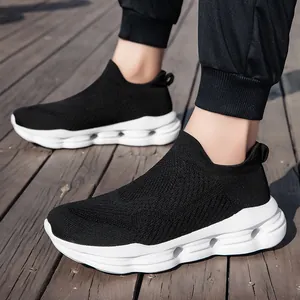 Lightweight black knit walking shoes with breathable upper and white cushioned sole