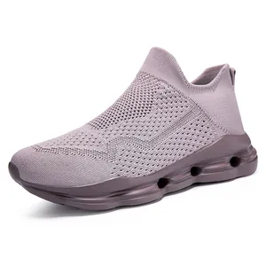 Light purple breathable fly-knit slip-on sneakers with cushioned hollow out soft soles