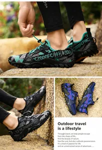 Close-up of breathable mesh hiking sandals with durable rubber soles and quick-lace system