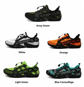 Detailed view showing five available colors of breathable mesh hiking shoes with rubber soles