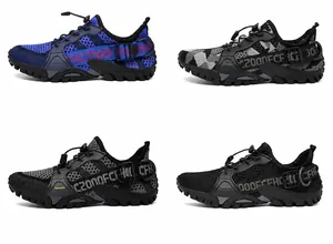 Detailed view of breathable mesh hiking shoes in four colors with durable rubber soles