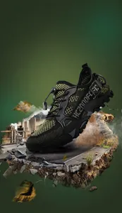 Detailed view of army green mesh hiking shoe with speed lacing on a terrain island
