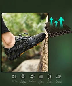 Macro view of breathable mesh material and quick-dry drainage holes on outdoor hiking shoes
