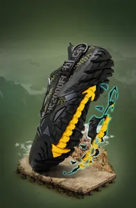 Rugged hiking shoes with shock-absorbing soles and anti-slip grip on mountain terrain