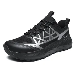 Men's lightweight black mesh running shoes with thick soles and silver accents