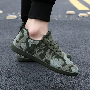 Breathable camouflage mesh sneakers for men featuring a green and grey low-top design