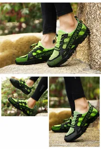 Close-up of breathable honeycomb mesh and durable rubber sole on outdoor hiking shoes