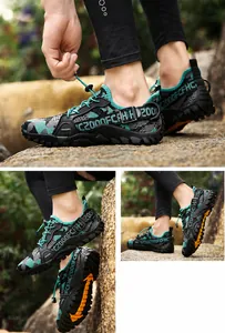 Macro detail of breathable mesh hiking shoes with anti-slip rubber soles for outdoor
