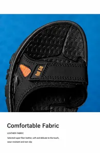 Macro detail of microfiber leather men's sandals with premium stitching and velcro straps