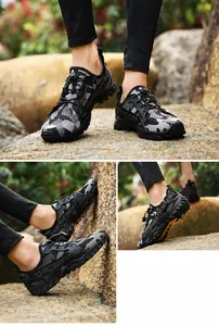 Macro detail of breathable camo hiking shoes with quick lacing and rubber outsole