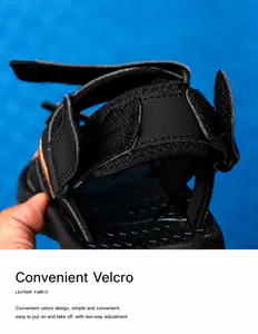 Detail view of adjustable velcro heel strap and leather fabric on men's sport sandals