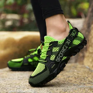 Breathable outdoor hiking sandals for men with neon green mesh and rubber sole