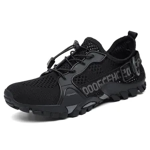 Men's breathable mesh hiking shoes in black with quick lace and rubber traction sole
