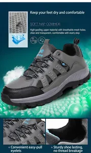 Detail of durable cowhide leather hiking shoe with breathable mesh and quick lace system