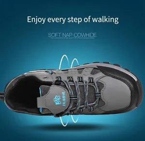 Top view of durable outdoor hiking shoes with soft nap cowhide and mesh texture