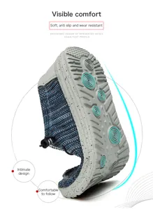 Detail eines flexiblen blauen Strick-Loafers mit biegsamer Sohle und rutschfestem Gummi
