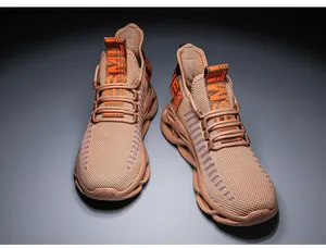 Detail of breathable knit mesh upper and wave-shaped hollow cushioning sole of the sneaker