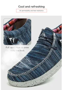 Nahaufnahme atmungsaktiver Herren-Loafer in Marineblau mit gesprenkelter Gummisohle