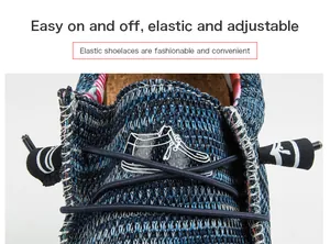 Detail eines dunkelblauen Strick-Loafers mit elastischen Schnürsenkeln und Korksohle