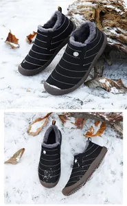 Detailed view of winter snow boots with warm faux fur lining and anti-slip rubber soles