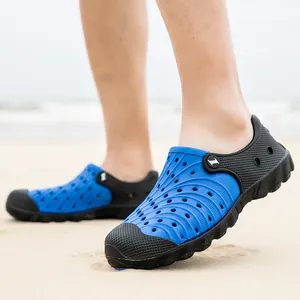 Men's blue and black hollow beach sandals with breathable holes and toe protection
