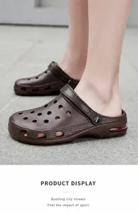 Side view of men's dark brown air cushion clogs with breathable holes and heel strap
