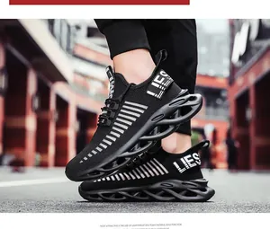 Detail of breathable mesh knit and hollow blade shock-absorbing sole on sports sneakers