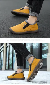 Detail of ginger yellow winter boots featuring thick grey fleece lining and non-slip rubber soles