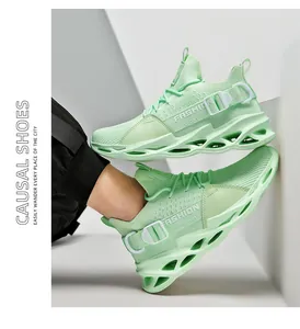 Detail of mint green mesh running shoe with breathable fabric and hollow thick sole