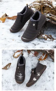 Detail of waterproof winter shoe with warm gray plush lining and non-slip rubber sole
