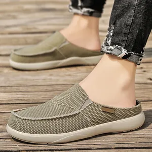 Herren Pantoletten aus atmungsaktivem Canvas in Khaki mit dicker Gummisohle für Freizeit