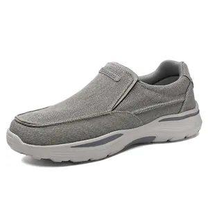 Mocassins en toile gris foncé pour hommes avec côtés élastiques et semelle blanche épaisse