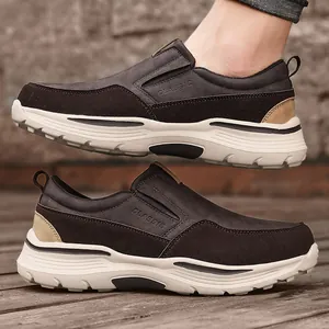 Men's slip-on casual leather shoes in dark brown with cushioned thick off-white soles