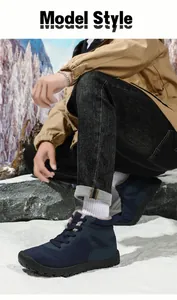 Detail showing plush lining of navy blue waterproof winter snow boots for men
