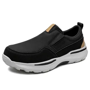 Men's slip-on casual shoes in black leather with a thick white anti-slip sole