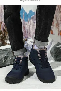 Close-up of navy blue winter boots featuring warm fleece lining and rugged anti-slip soles