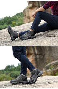 Detail view of high-top outdoor boots with warm faux-fur lining and anti-slip rubber sole