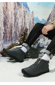 Men's dark gray high-top snow boots with waterproof fabric and warm fleece lining for winter