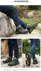 Detail view of winter hiking boots with warm fleece lining and non-slip rubber soles