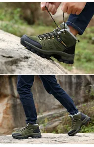 Detail of military green winter hiking boots with warm plush lining and non-slip rubber soles
