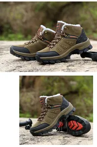 Detail of army green outdoor boots showing warm fleece lining and anti-slip rubber sole