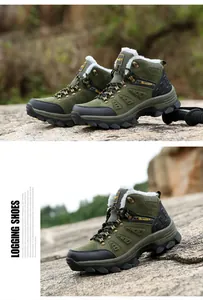 Macro detail of warm lamb wool lining and sturdy lacing system on army green logging boots