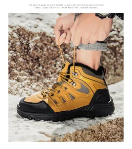 Detail of high-top hiking boots featuring non-slip rubber soles and warm plush lining