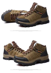 Detail of warm white plush lining and durable nubuck leather on outdoor hiking boots