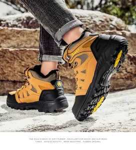 Close-up of winter hiking boots with anti-slip rubber sole and warm fleece lining