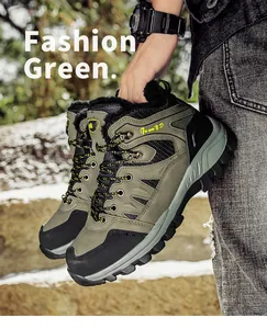 Detail of warm winter hiking boot showing non-slip rubber sole and faux fur lining