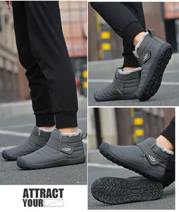 Detailed view of grey waterproof snow boots featuring thick faux fur lining and anti-slip sole