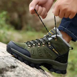 Army green winter hiking boots for men with plush lining and anti-slip rubber sole
