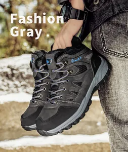 Detail of gray high-top outdoor boots with warm fleece lining and sturdy rubber sole